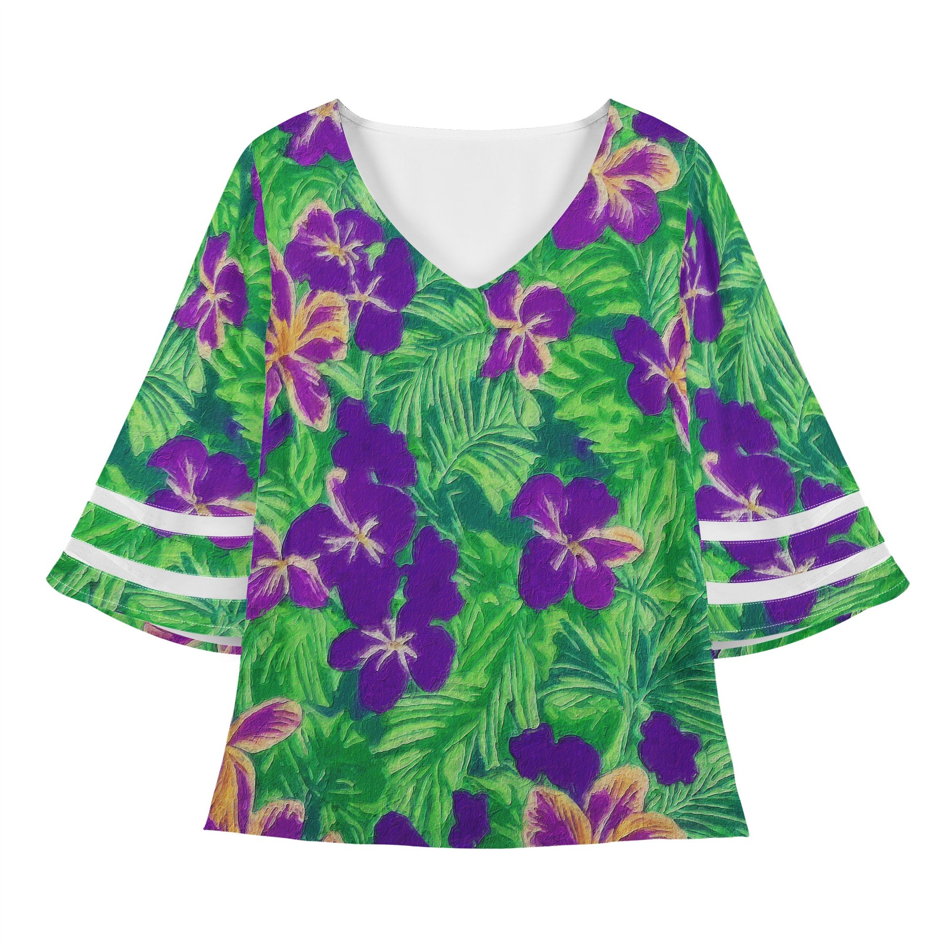 Blue Flag Iris on Green Women Puff Sleeve Blouse - Luxtrini, LLC