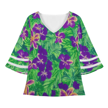 Blue Flag Iris on Green Women Puff Sleeve Blouse - Luxtrini, LLC