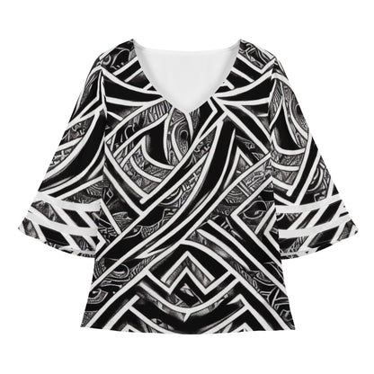 Black and White Polynesian Women Puff Sleeve Blouse