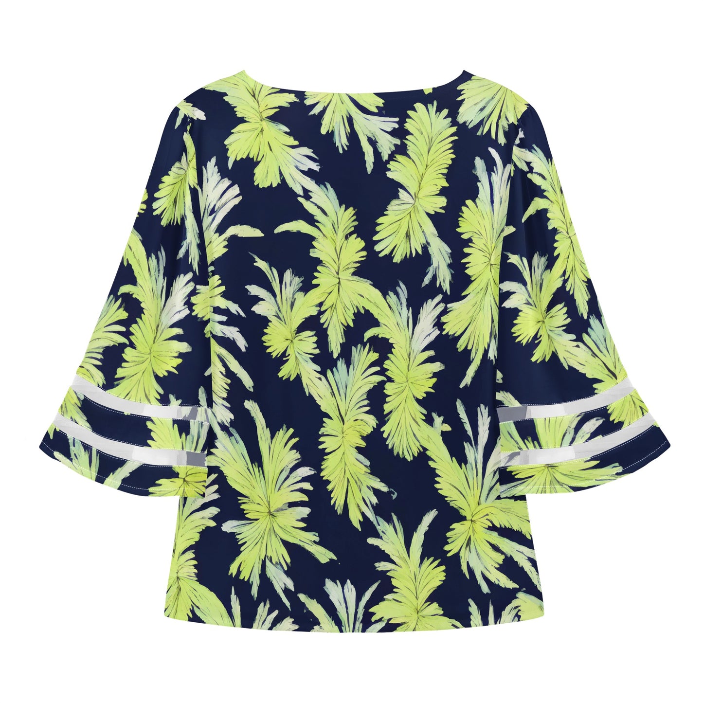 Puakenikeni - Lime Green and Black Women Puff Sleeve Blouse - Luxtrini, LLC