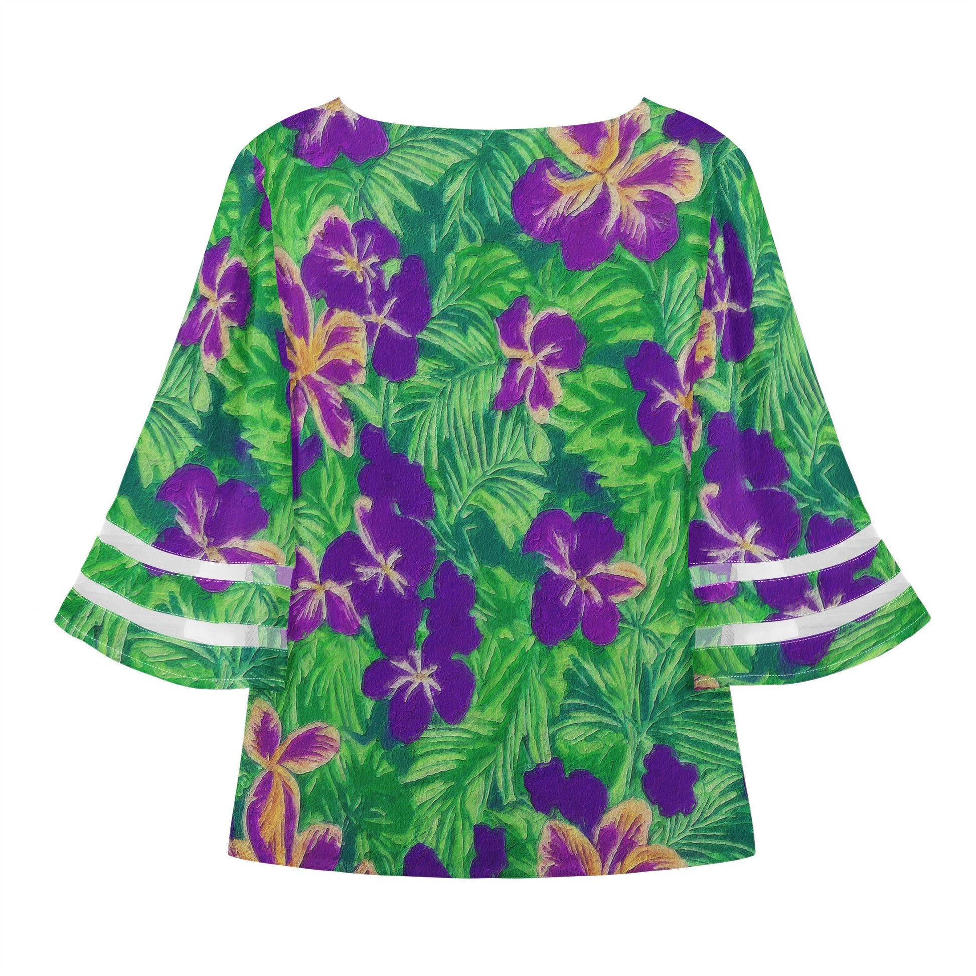 Blue Flag Iris on Green Women Puff Sleeve Blouse - Luxtrini, LLC