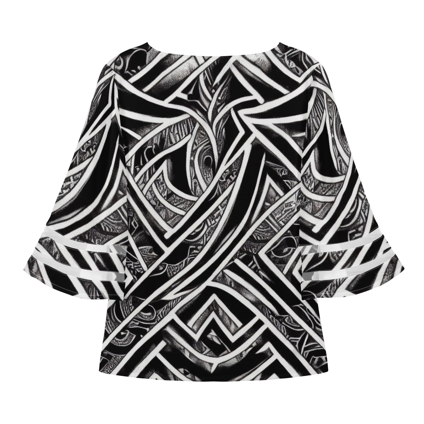 Black and White Polynesian Women Puff Sleeve Blouse