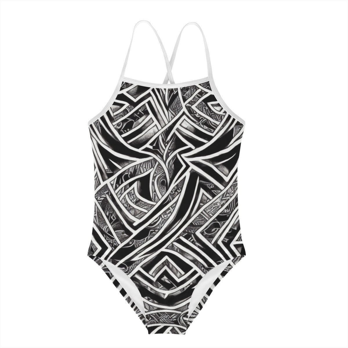 Black and White Polynesian Children One-Pieces Halterneck Swimsuit