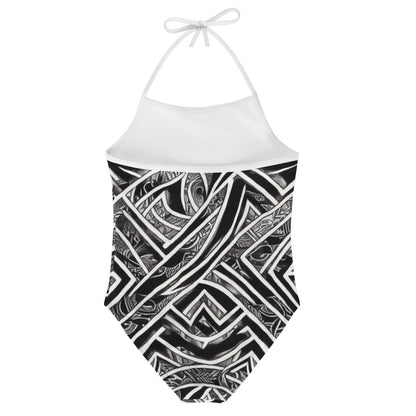 Black and White Polynesian Children One-Pieces Halterneck Swimsuit