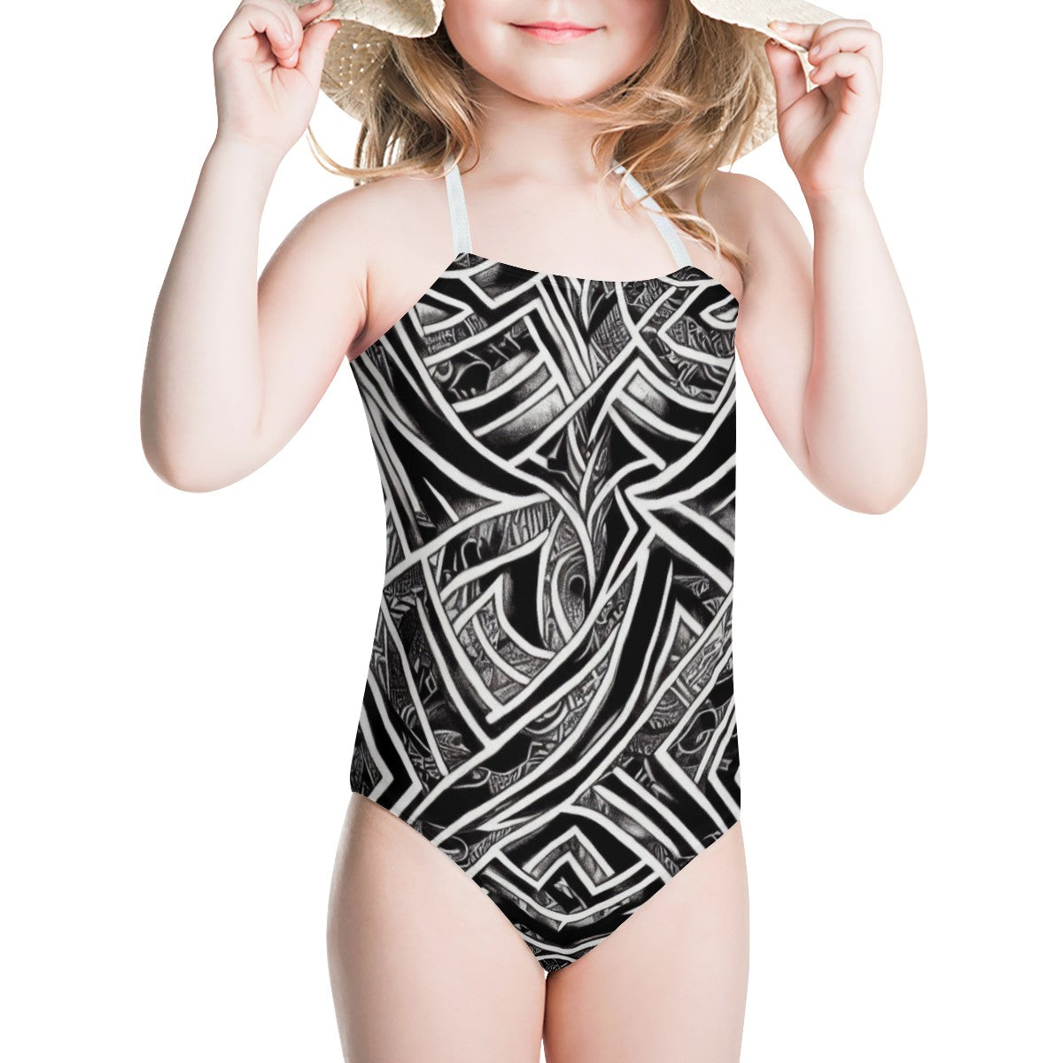 Black and White Polynesian Children One-Pieces Halterneck Swimsuit