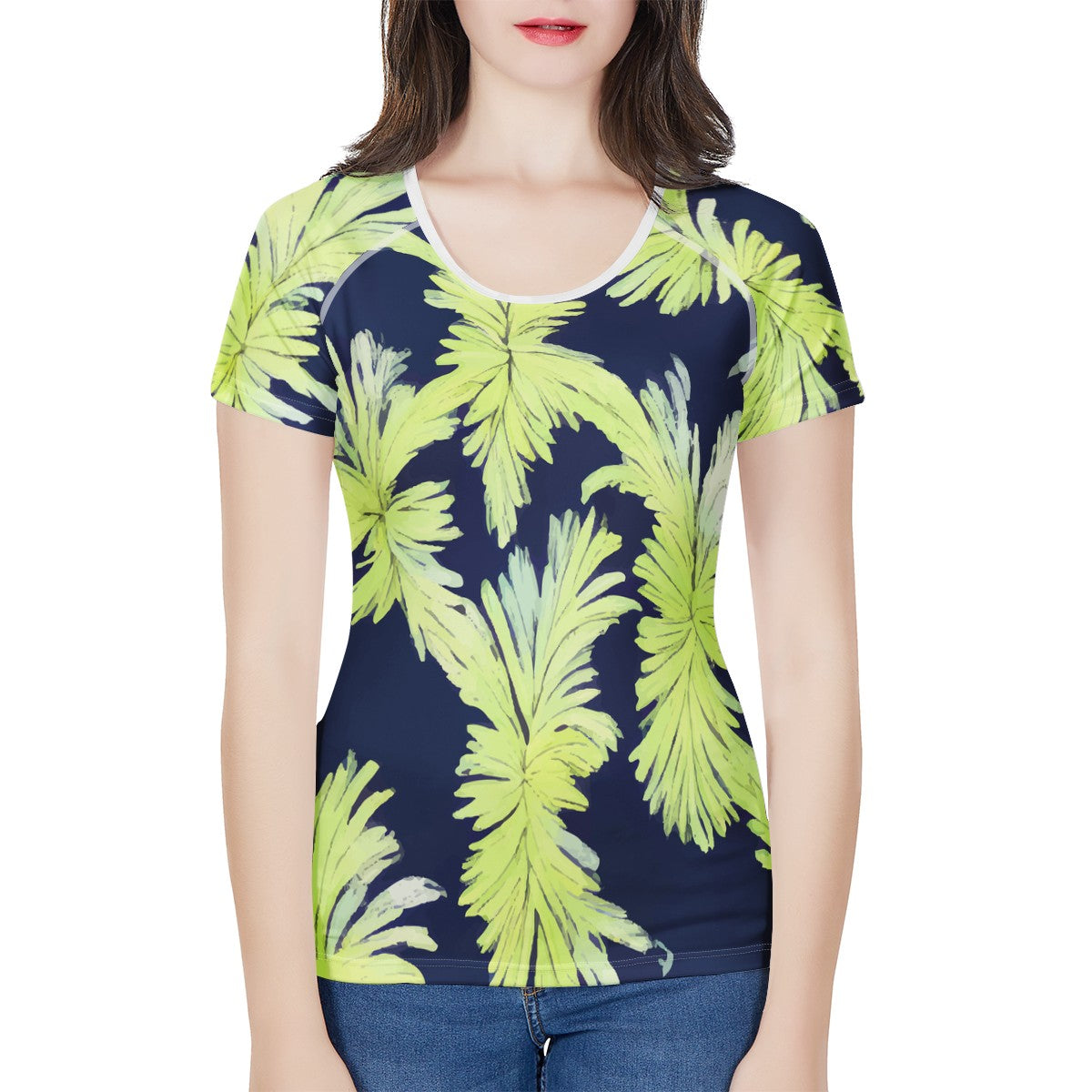 Palm Fronds - Lime Green and Black Women's All-Over Print T shirt