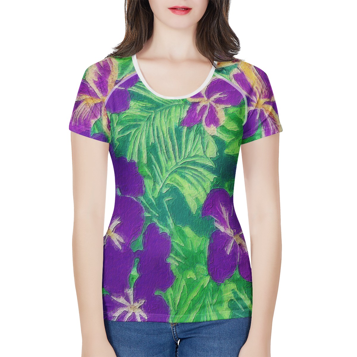 Blue Flag Iris on Green Women's All-Over Print T shirt - Luxtrini, LLC