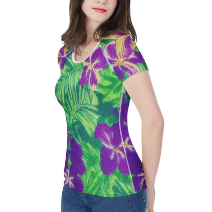 Blue Flag Iris on Green Women's All-Over Print T shirt - Luxtrini, LLC