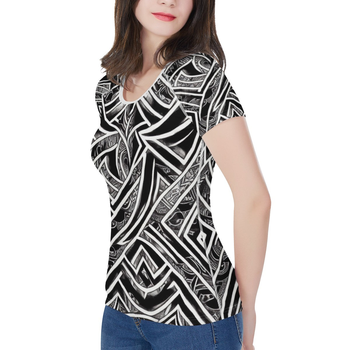 Black and White Polynesian Women's All-Over Print T shirt