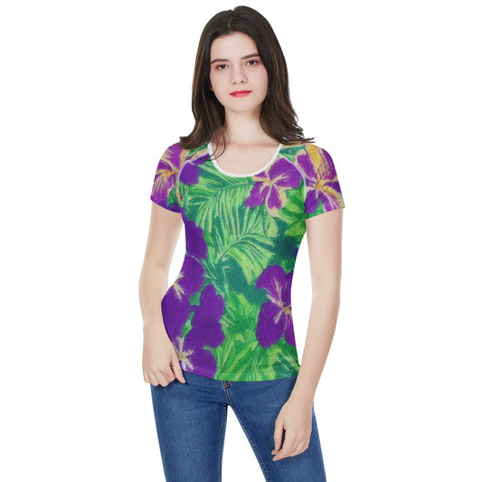 Blue Flag Iris on Green Women's All-Over Print T shirt - Luxtrini, LLC