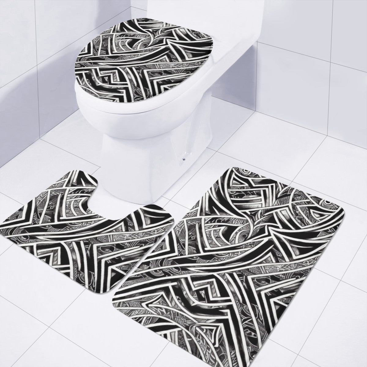 Black and White Polynesian Toilet Three Pieces Set