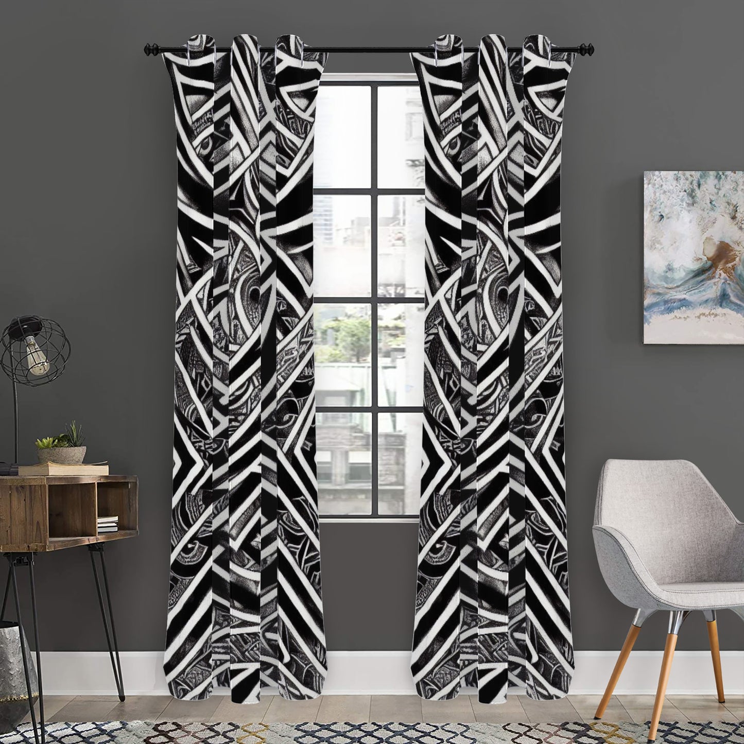 Black and White Polynesian Long Curtains | Home Decor