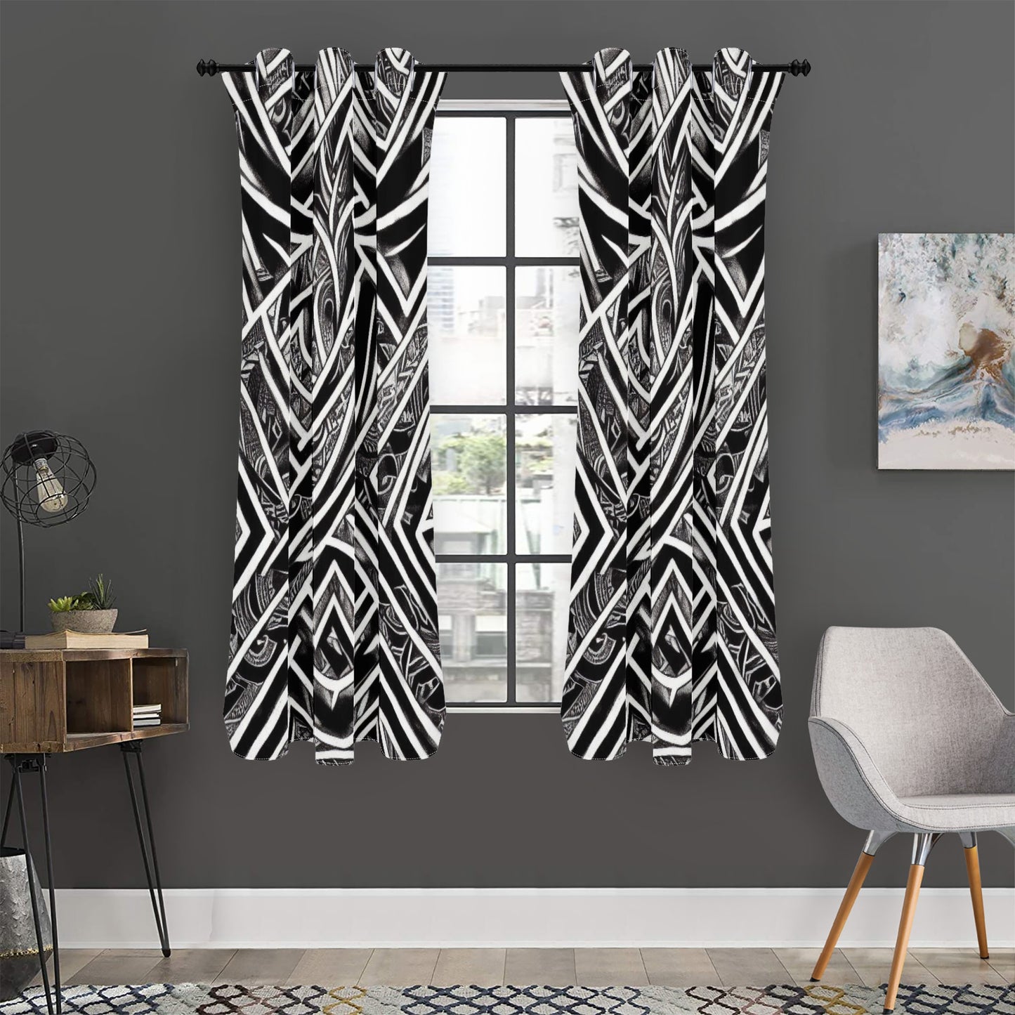 Black and White Polynesian Short Curtains | Home Decor