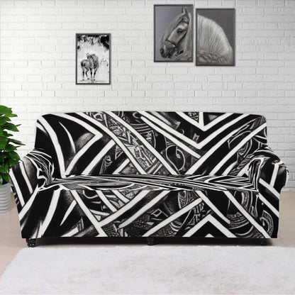 Black and White Polynesian Sofa Protector Cover L Size