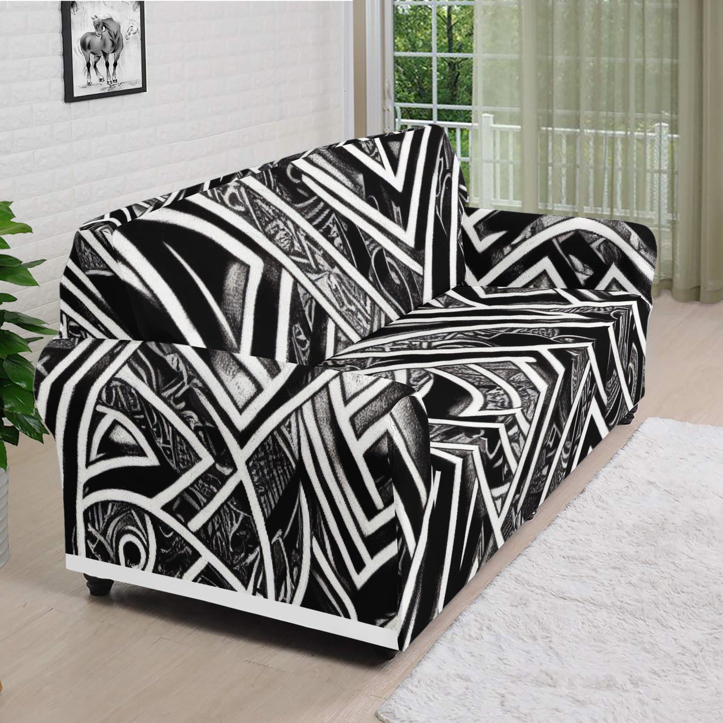 Black and White Polynesian Sofa Protector Cover L Size