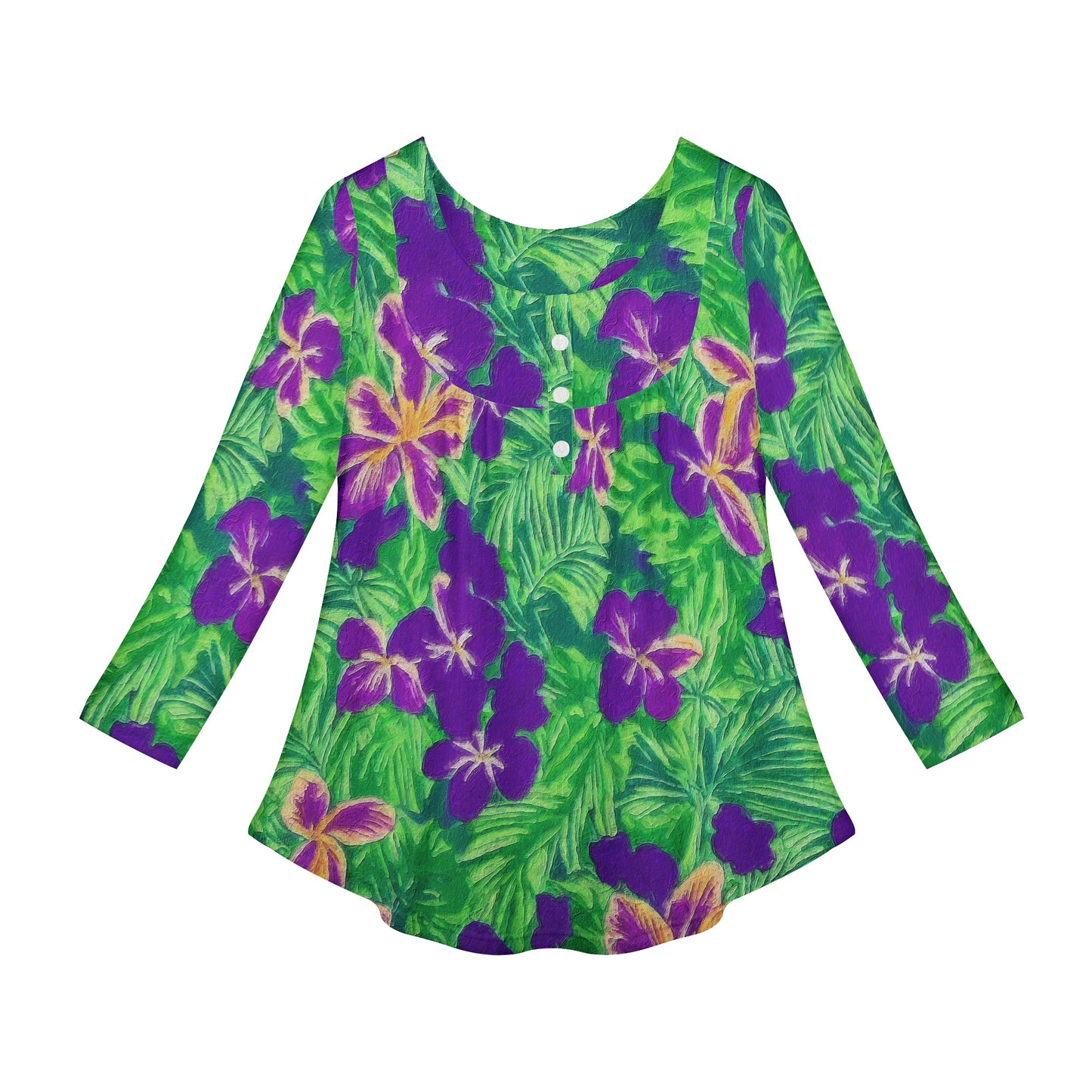 Blue Flag Iris on Green Women Long Sleeve Shirt - Luxtrini, LLC