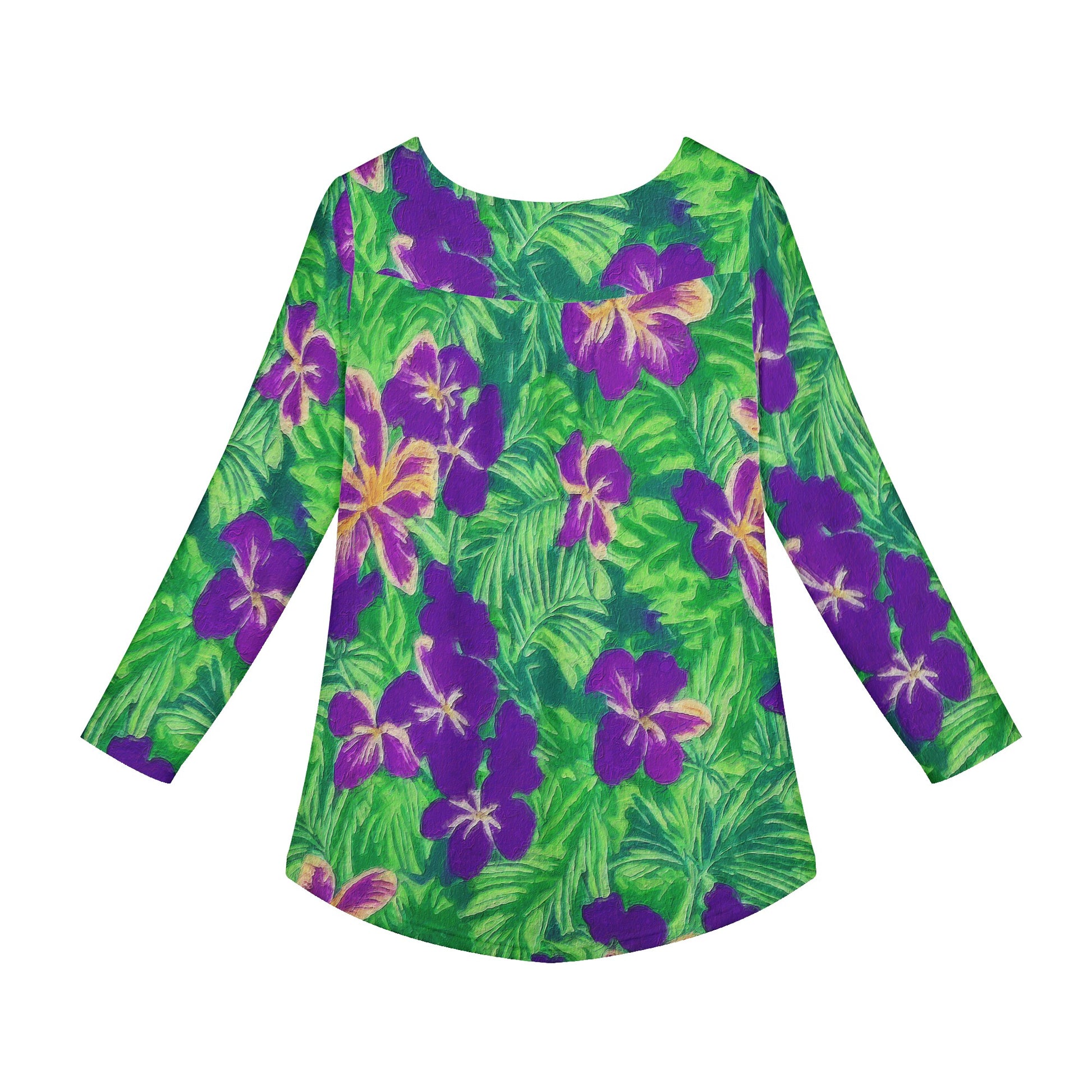 Blue Flag Iris on Green Women Long Sleeve Shirt - Luxtrini, LLC