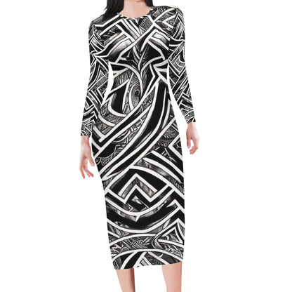 Black and White Polynesian Women Bodycon Midi Sheath Dress - up to 4XL