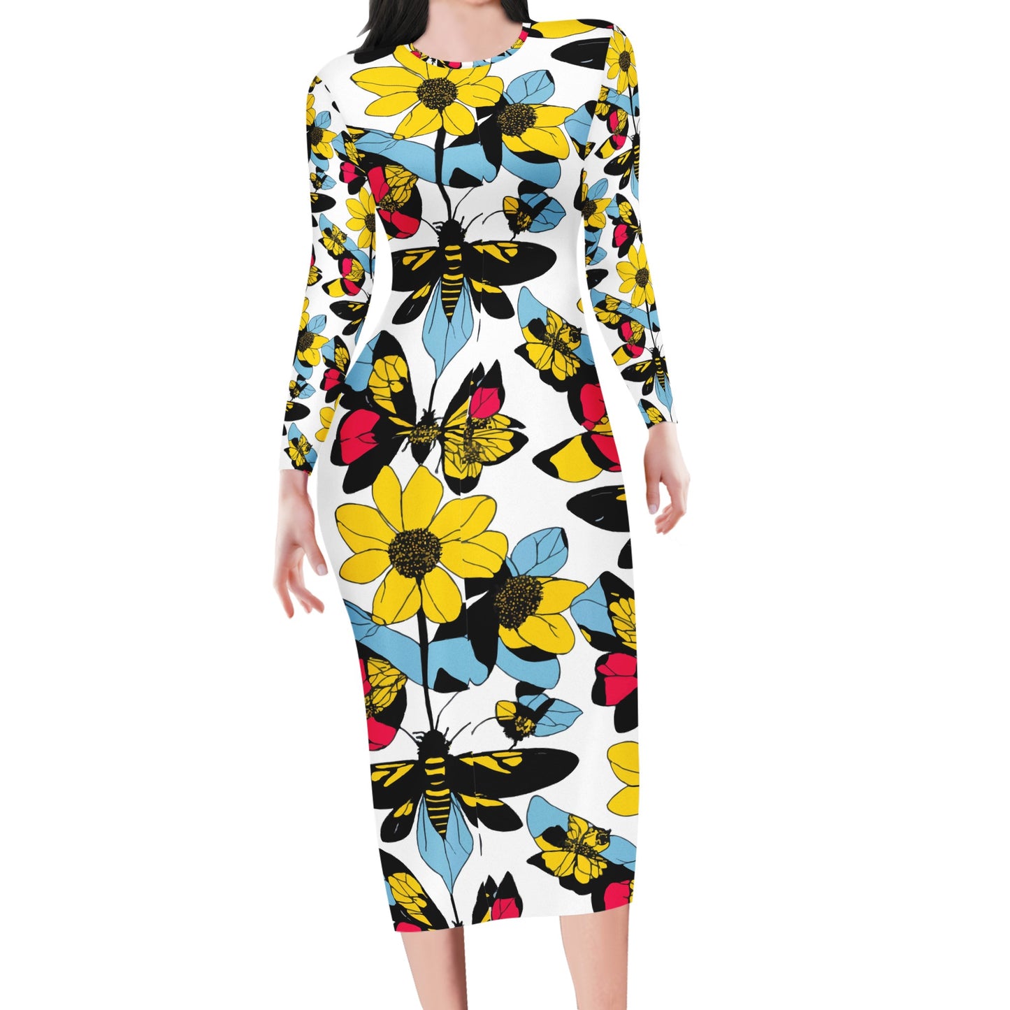 Luxtrini: Bees and Sunflowers Women Bodycon Midi Sheath Dress