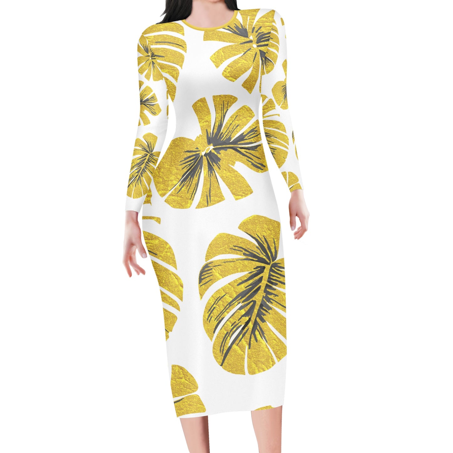 Gold Monstera Women Bodycon Midi Sheath Dress - up to 4XL