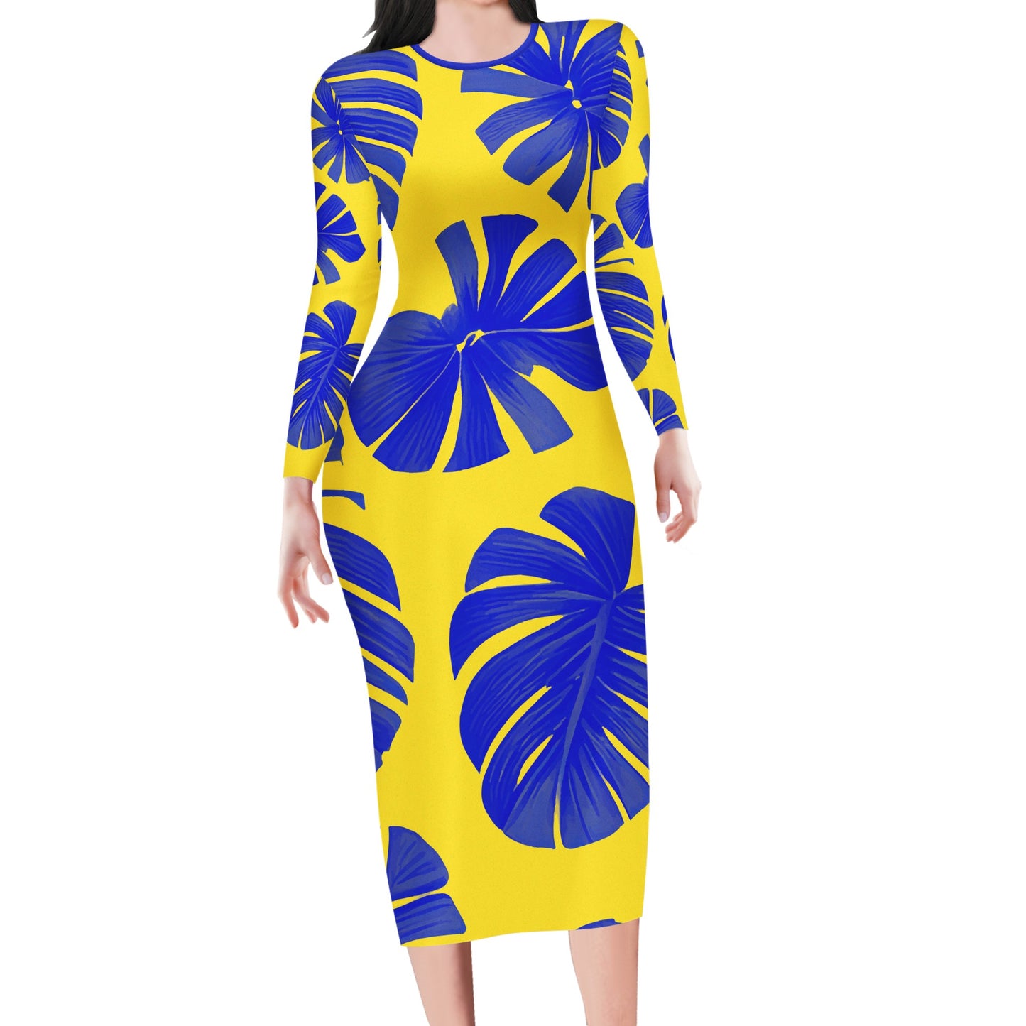 Blue Monstera on Yellow Women Bodycon Midi Sheath Dress - up to 4XL - Perfect for Special Occasions