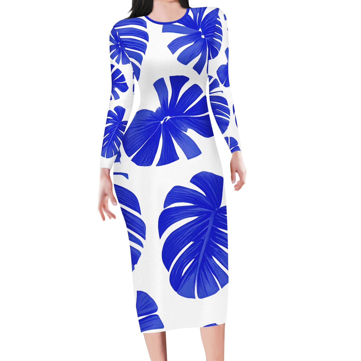 Blue Monstera on White Women Bodycon Midi Sheath Dress - up to 4XL