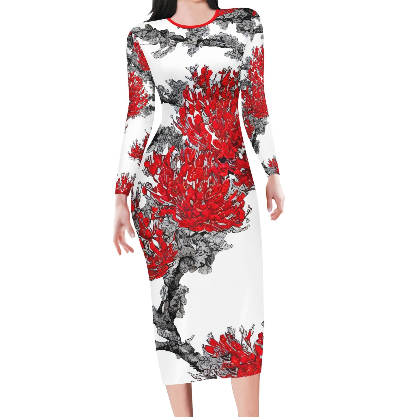 Red Puakenikeni Women Bodycon Midi Sheath Dress - up to 4XL