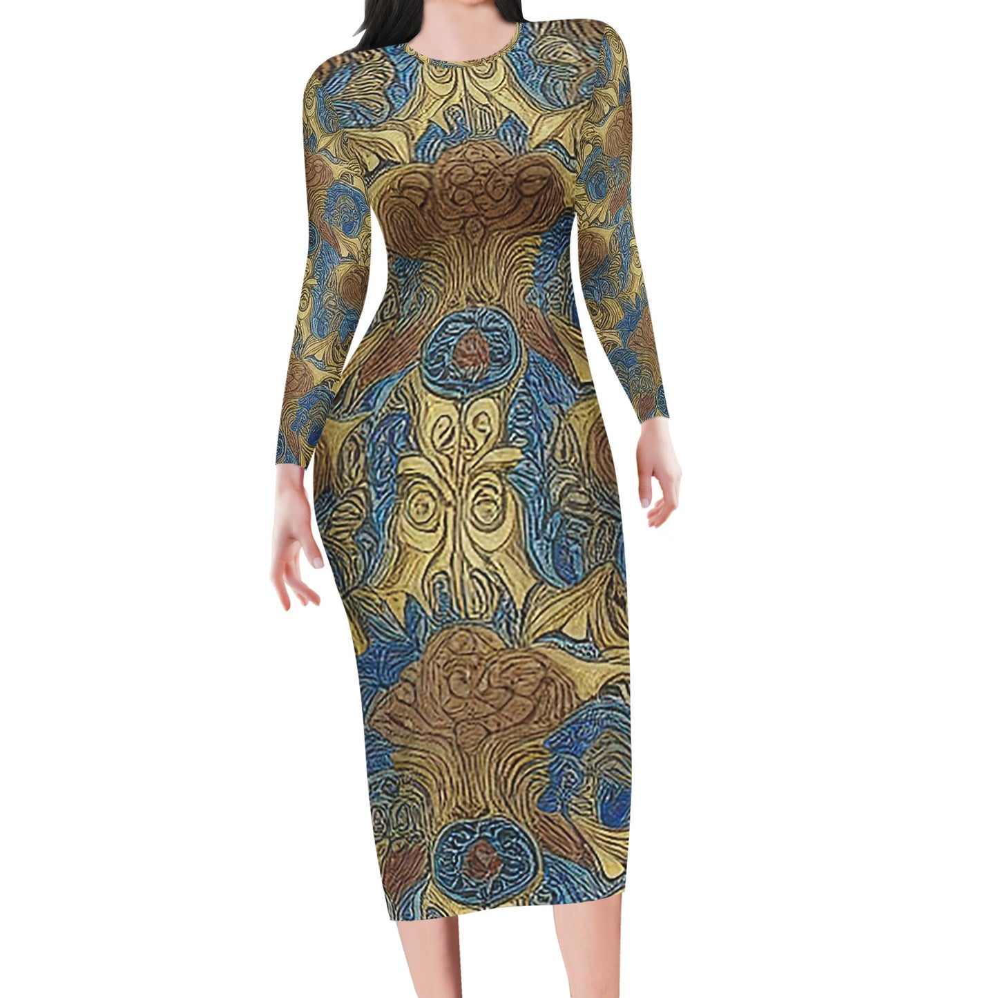 African Ethnic Blue Gold Brown Women Bodycon Midi Sheath Dress - up to 4XL