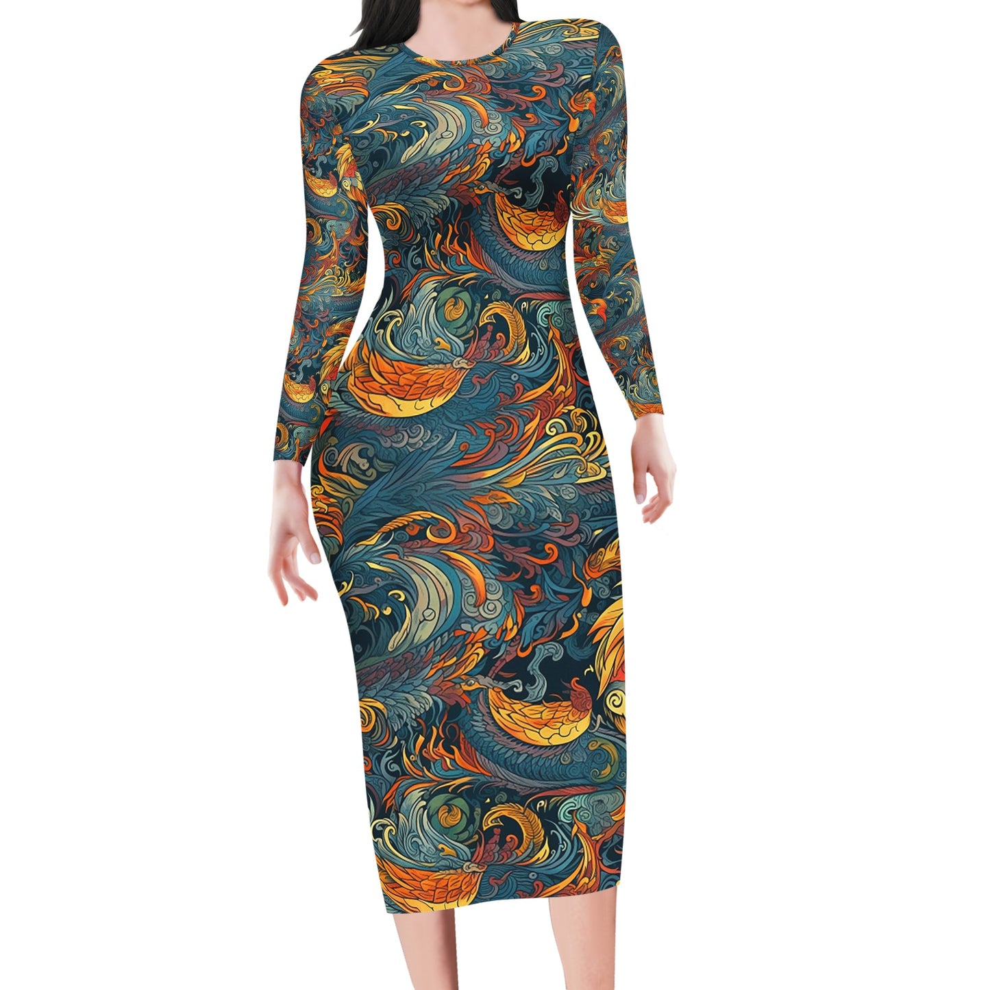 Majestic Dragon and a Graceful Phoenix Women Bodycon Midi Sheath Dress