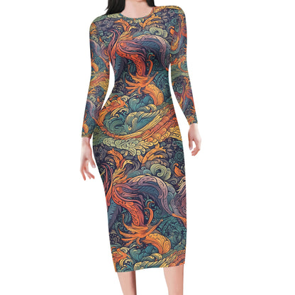 Majestic Dragon and Ethereal Phoenix Women Bodycon Midi Sheath Dress