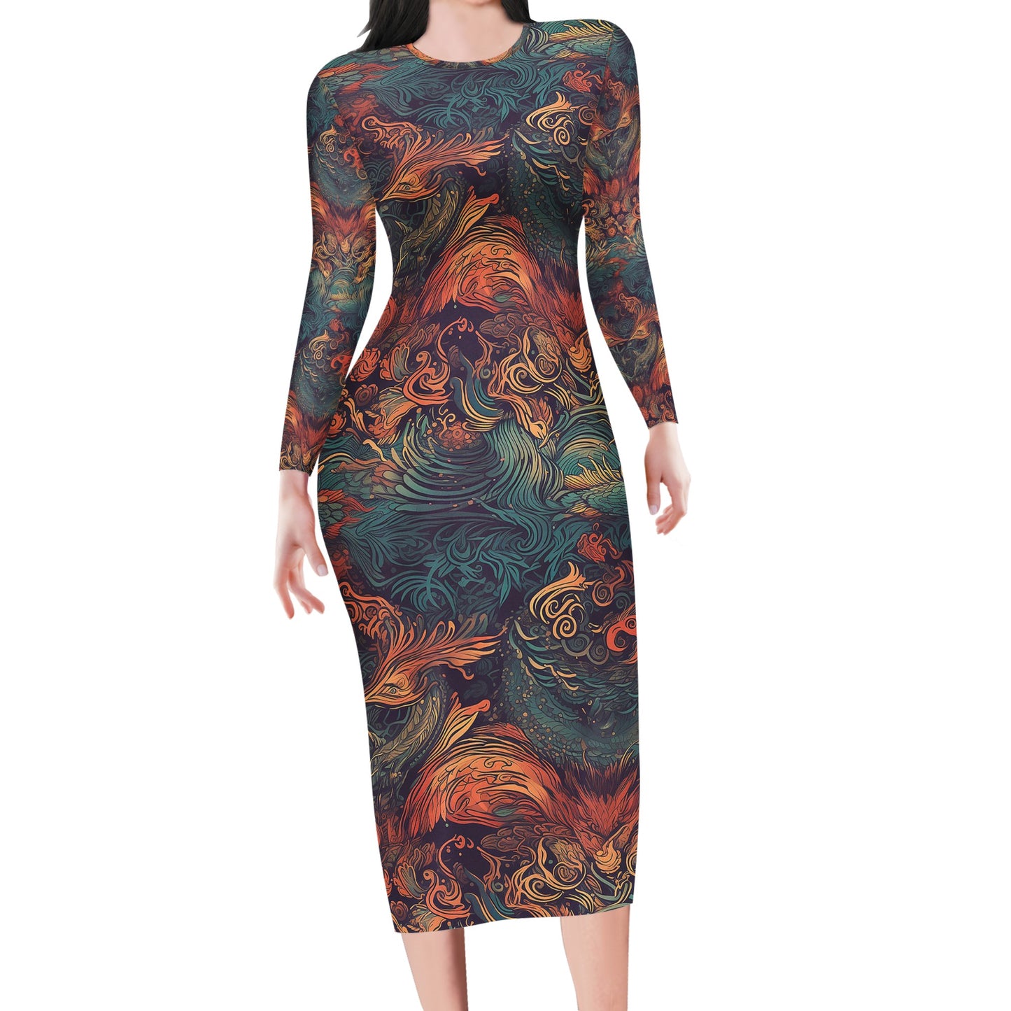 Majestic Dragon and Ethereal Phoenix Women Bodycon Midi Sheath Dress