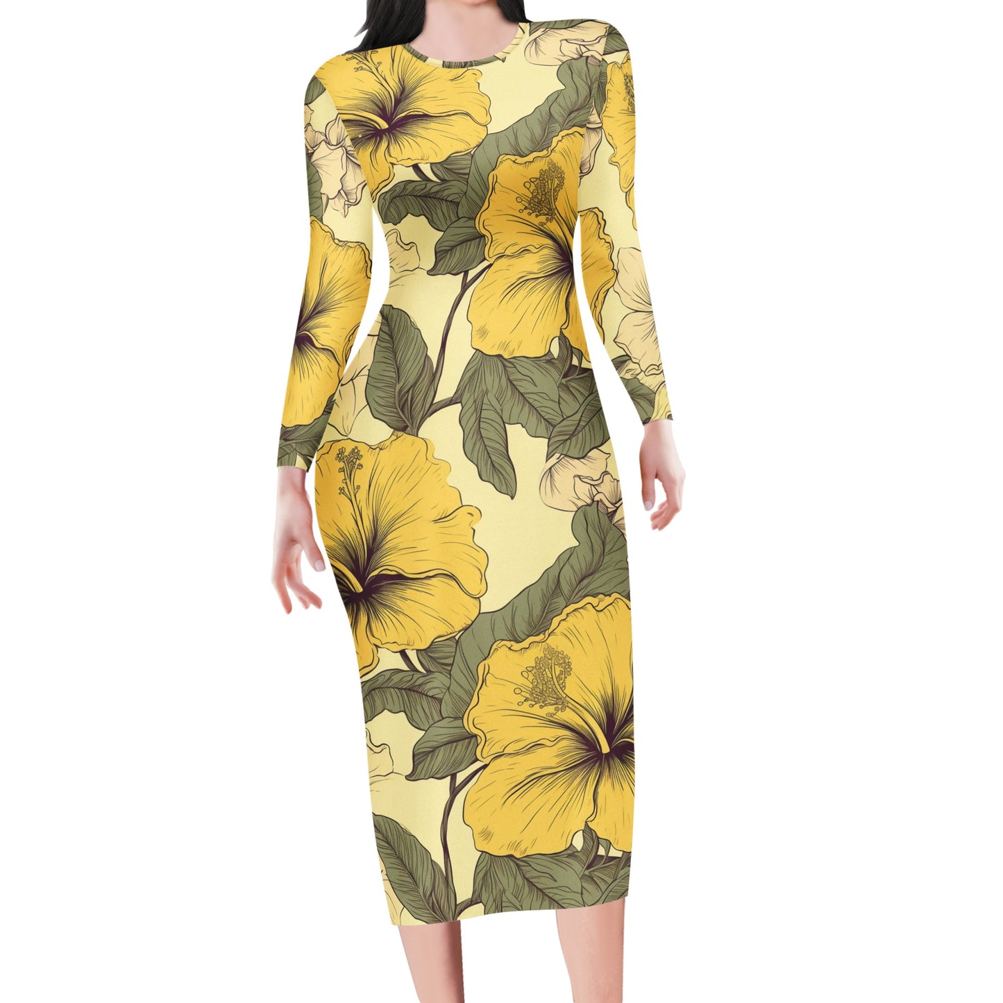 Yellow Hibiscus Women Bodycon Midi Sheath Dress