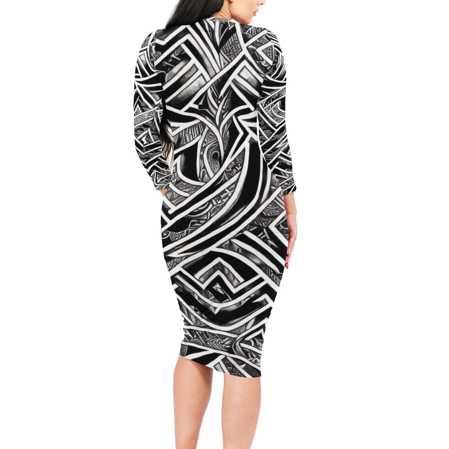 Black and White Polynesian Women Bodycon Midi Sheath Dress - up to 4XL