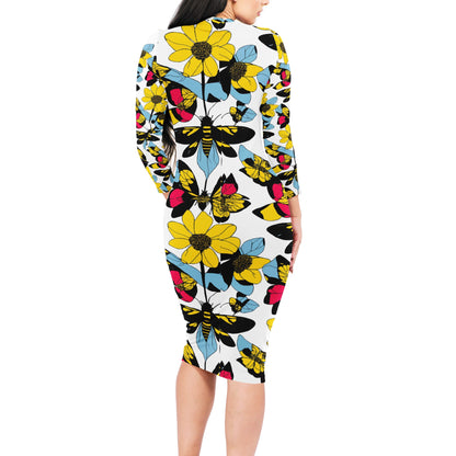 Luxtrini: Bees and Sunflowers Women Bodycon Midi Sheath Dress