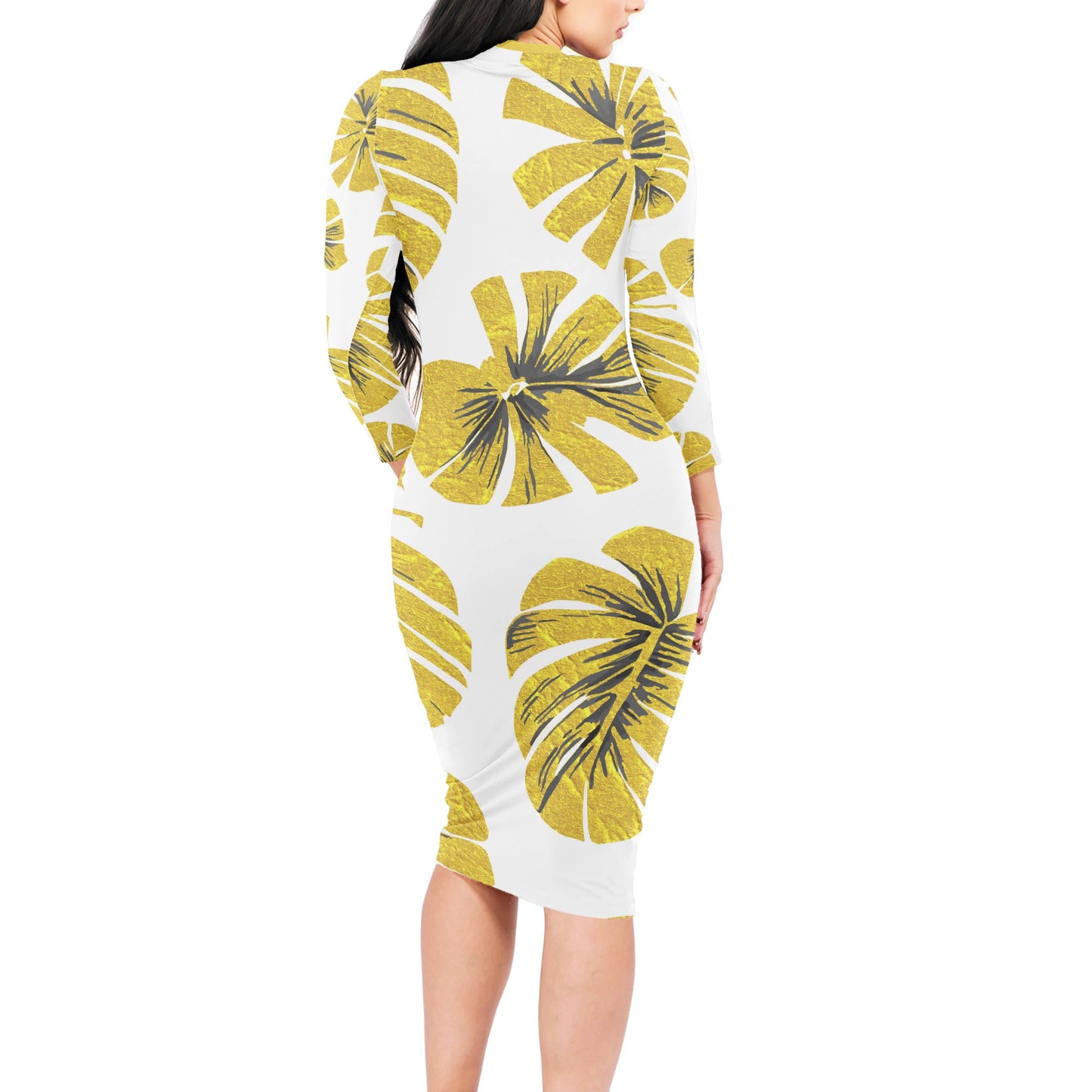 Gold Monstera Women Bodycon Midi Sheath Dress - up to 4XL