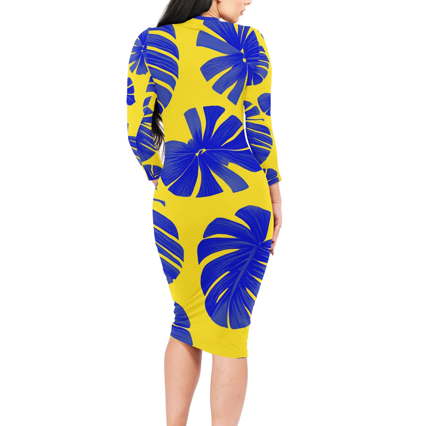 Blue Monstera on Yellow Women Bodycon Midi Sheath Dress - up to 4XL - Perfect for Special Occasions