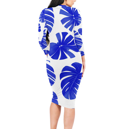 Blue Monstera on White Women Bodycon Midi Sheath Dress - up to 4XL