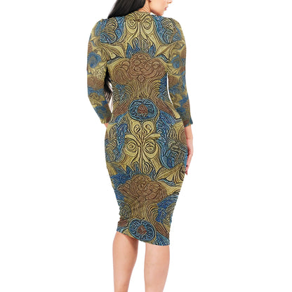 African Ethnic Blue Gold Brown Women Bodycon Midi Sheath Dress - up to 4XL