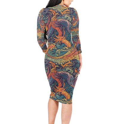 Majestic Dragon and Ethereal Phoenix Women Bodycon Midi Sheath Dress