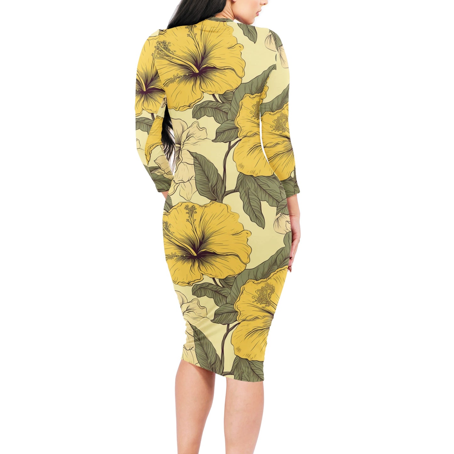 Yellow Hibiscus Women Bodycon Midi Sheath Dress