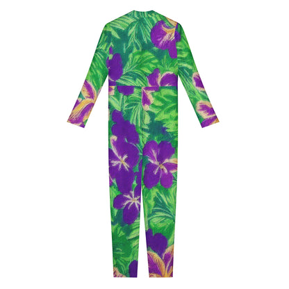 Blue Flag Iris on Green Women Jumpsuit - Luxtrini, LLC