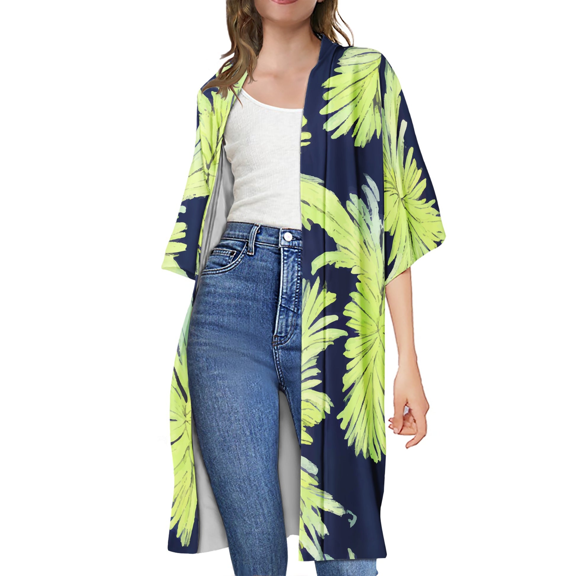 Puakenikeni - Lime Green and Black Half Sleeves Knee-length Open Front Cardigan - Luxtrini, LLC