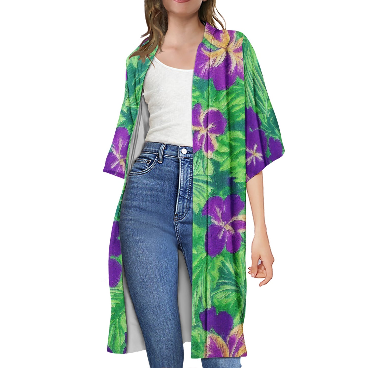 Blue Flag Iris on Green Half Sleeves Knee-length Open Front Cardigan - Luxtrini, LLC