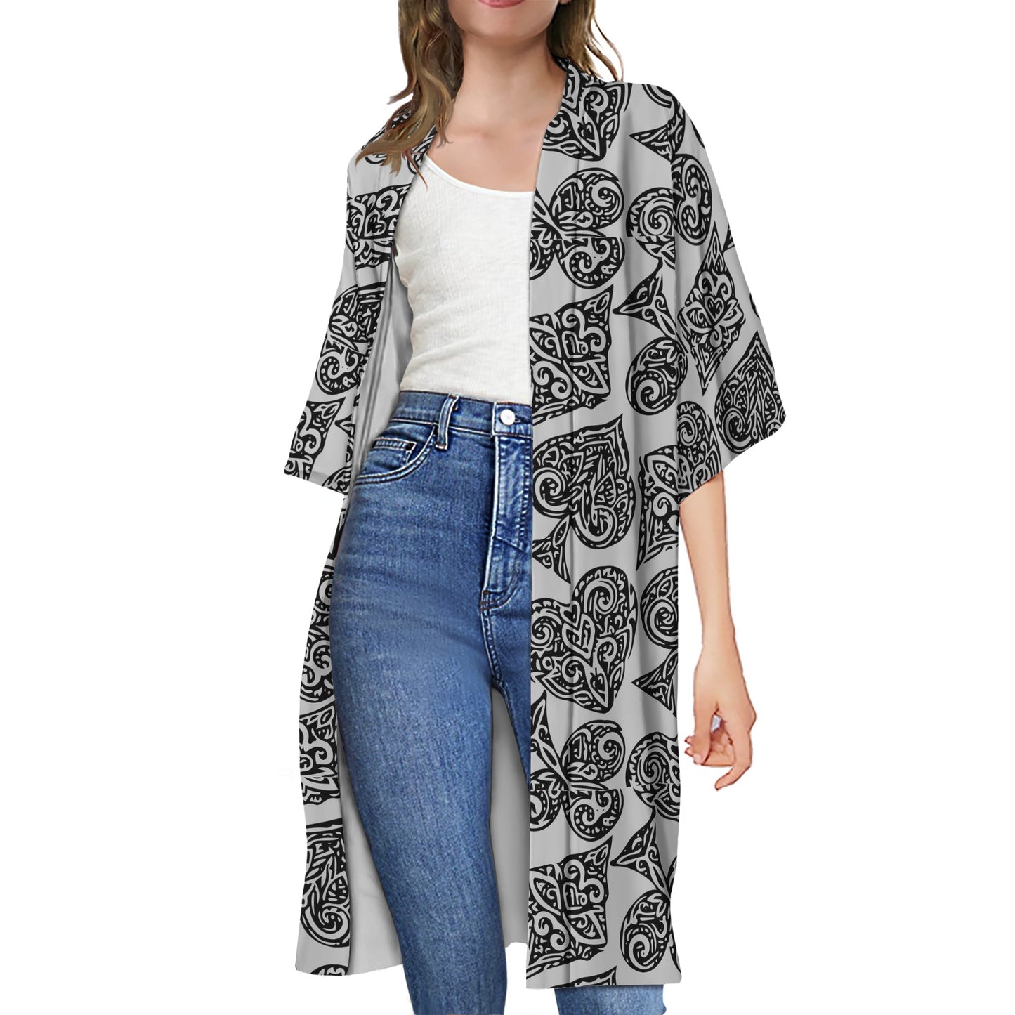 Poker Half Sleeves Knee-length Open Front Cardigan - Luxtrini, LLC