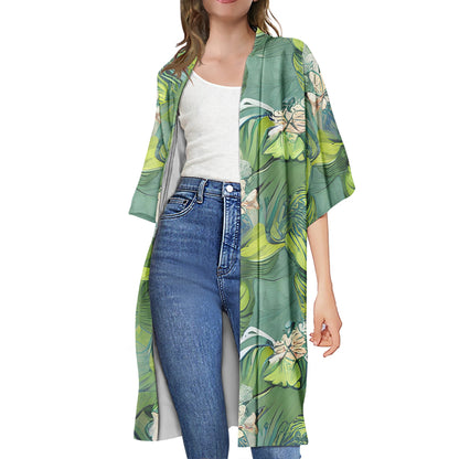 American Lotus Half Sleeves Knee-length Open Front Cardigan - Luxtrini, LLC