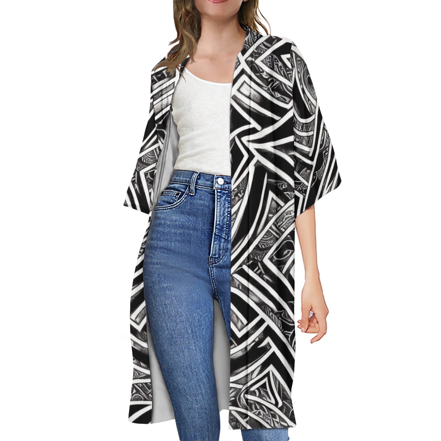 Black and White Polynesian Half Sleeves Knee-length Open Front Cardigan