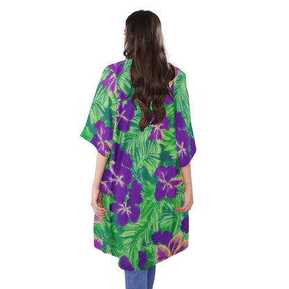 Blue Flag Iris on Green Half Sleeves Knee-length Open Front Cardigan - Luxtrini, LLC