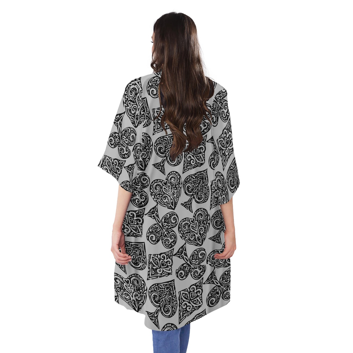 Poker Half Sleeves Knee-length Open Front Cardigan - Luxtrini, LLC