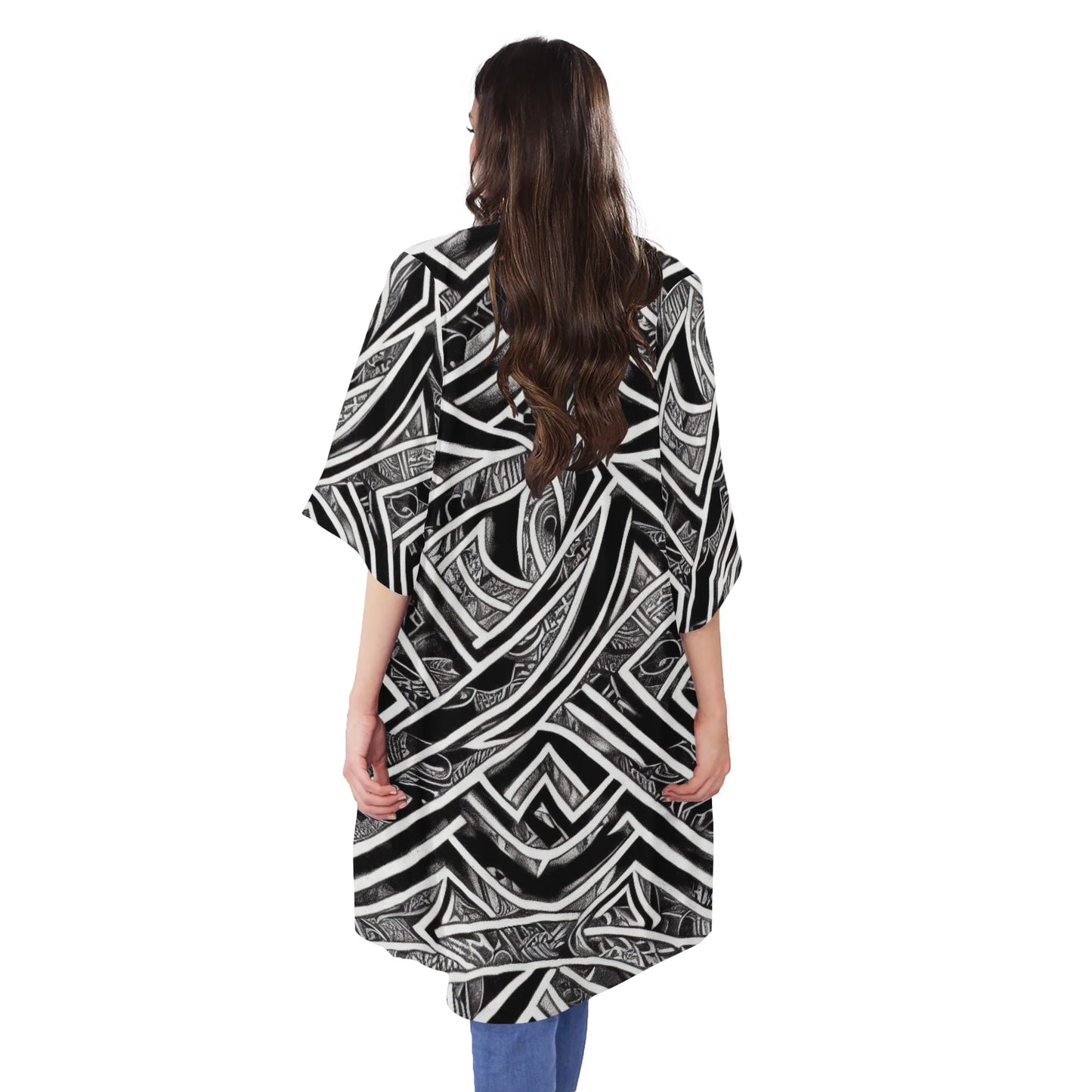 Black and White Polynesian Half Sleeves Knee-length Open Front Cardigan