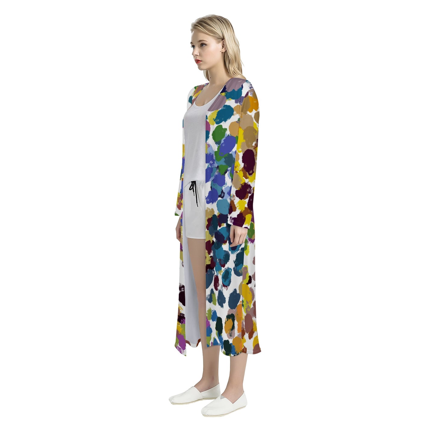 Multicolored spots Women's Casual Long Open Front Cardigan